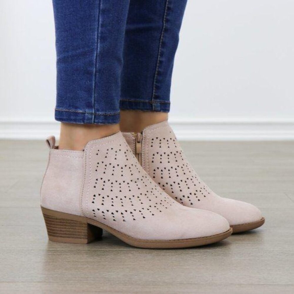 Ankle Boots Low Heel Rounded Toe Modern Laser Cut Design Mauve Suede Zipper - Picture 2 of 6